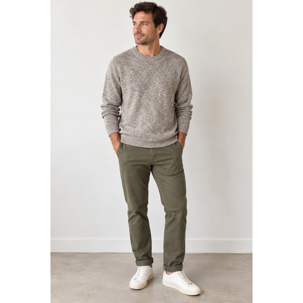 LL Bean Mens Cotton Crewneck Sweater Oatmeal Marl Knit Pullover 502809 L-REG